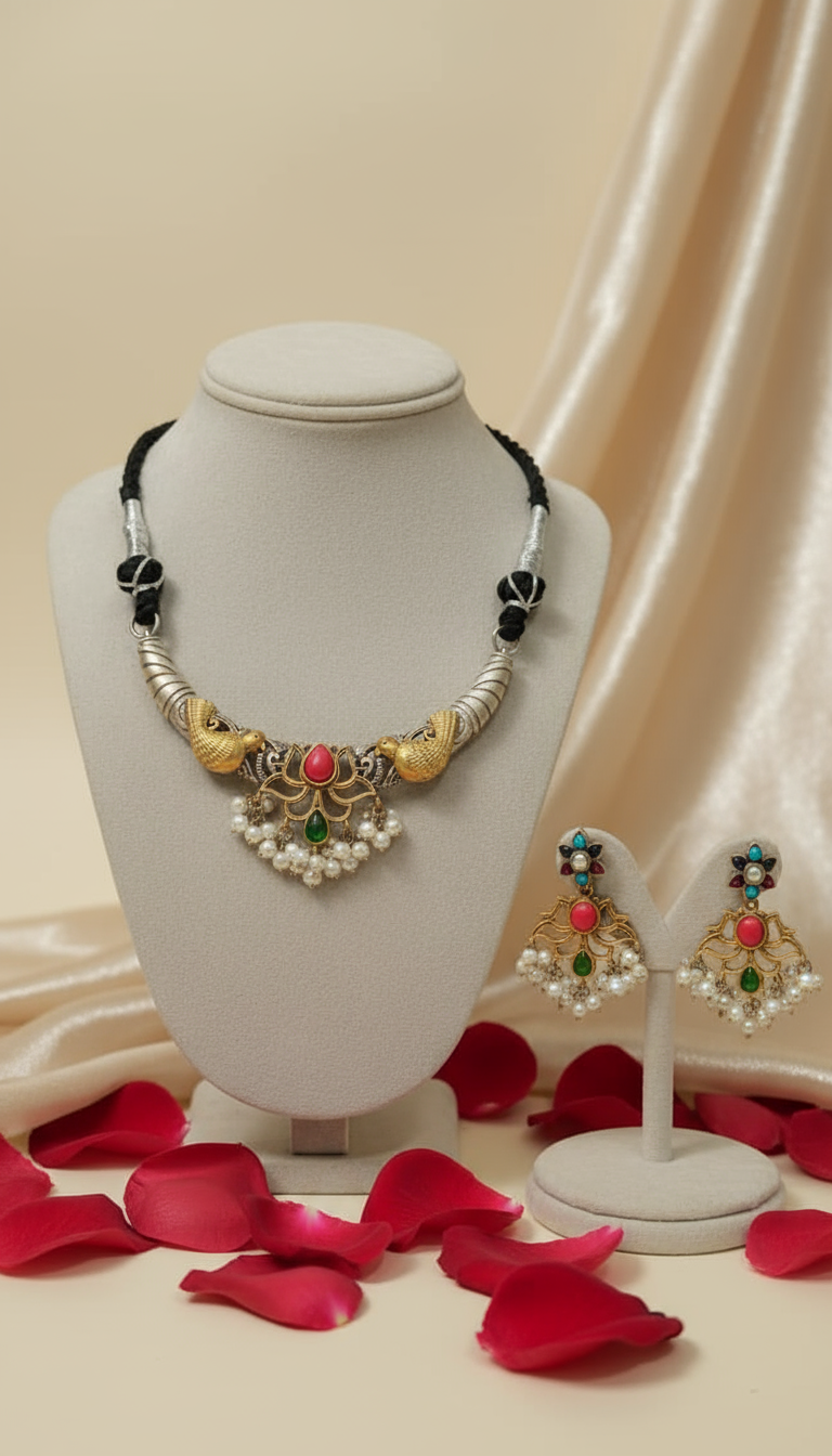 Designer Golden Polish Necklace Set with Earrings