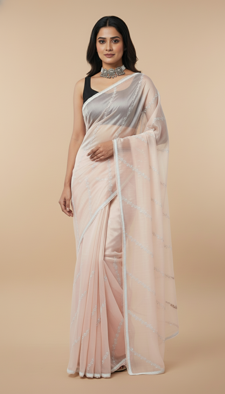 Peach White Cutdana Organza Designer Saree