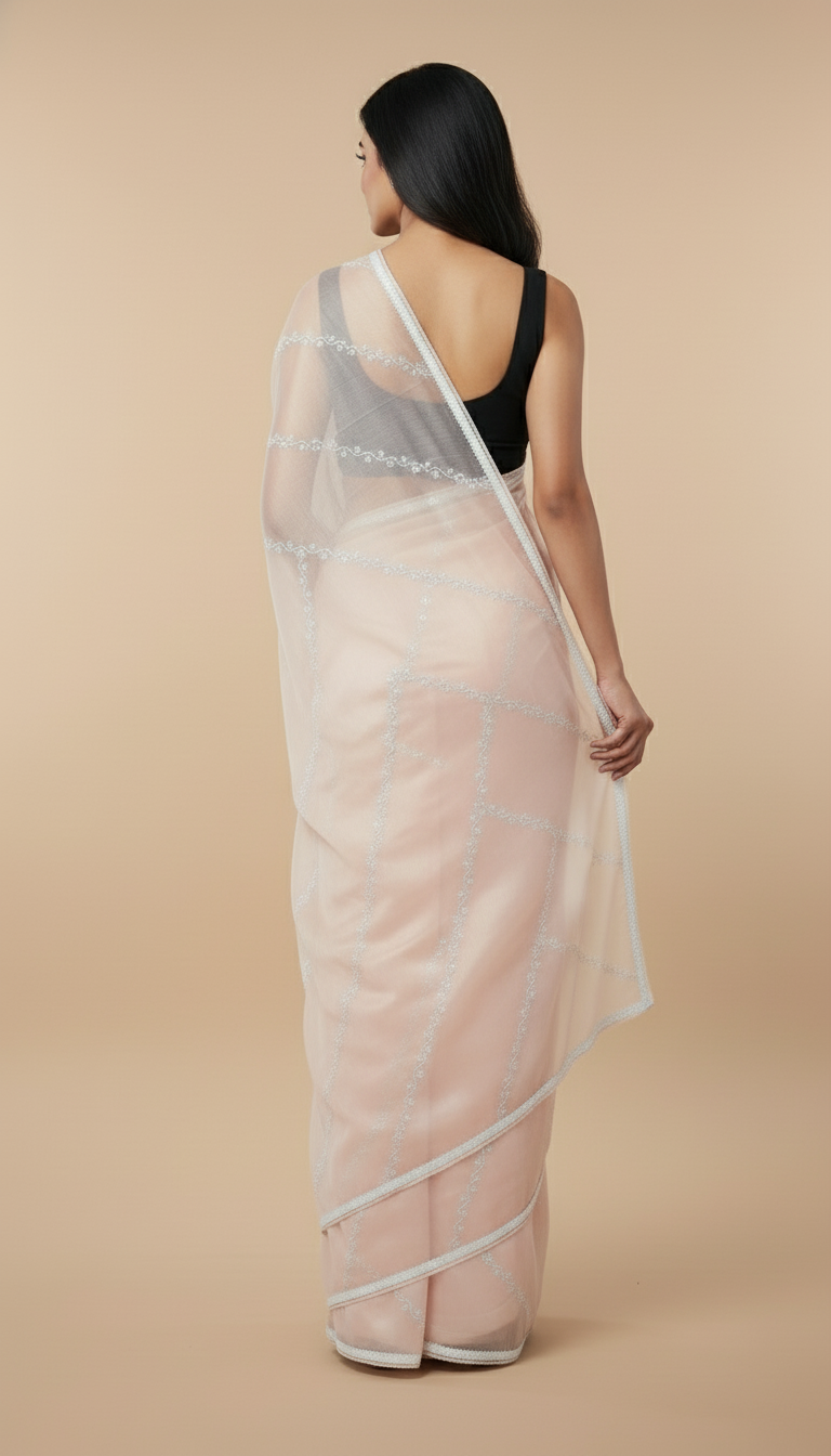 Peach White Cutdana Organza Designer Saree