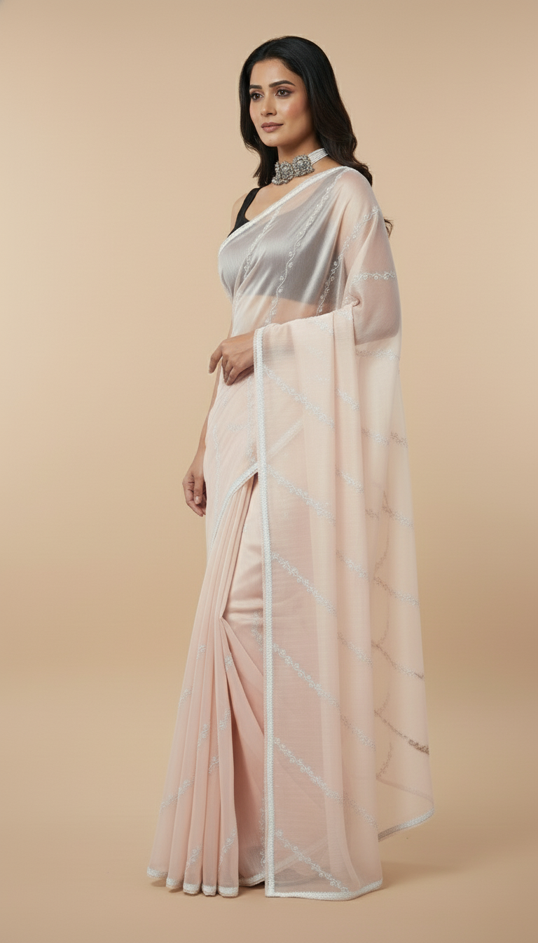 Peach White Cutdana Organza Designer Saree