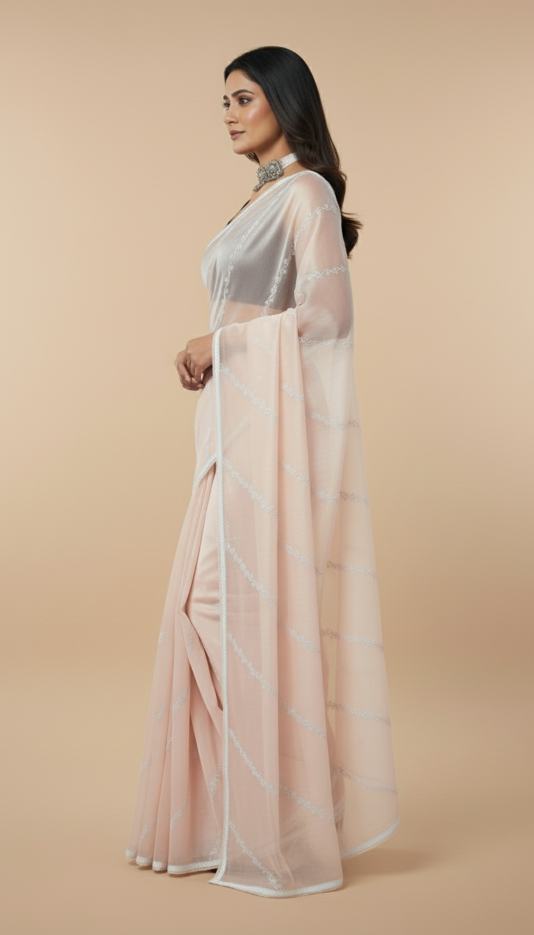 Peach White Cutdana Organza Designer Saree