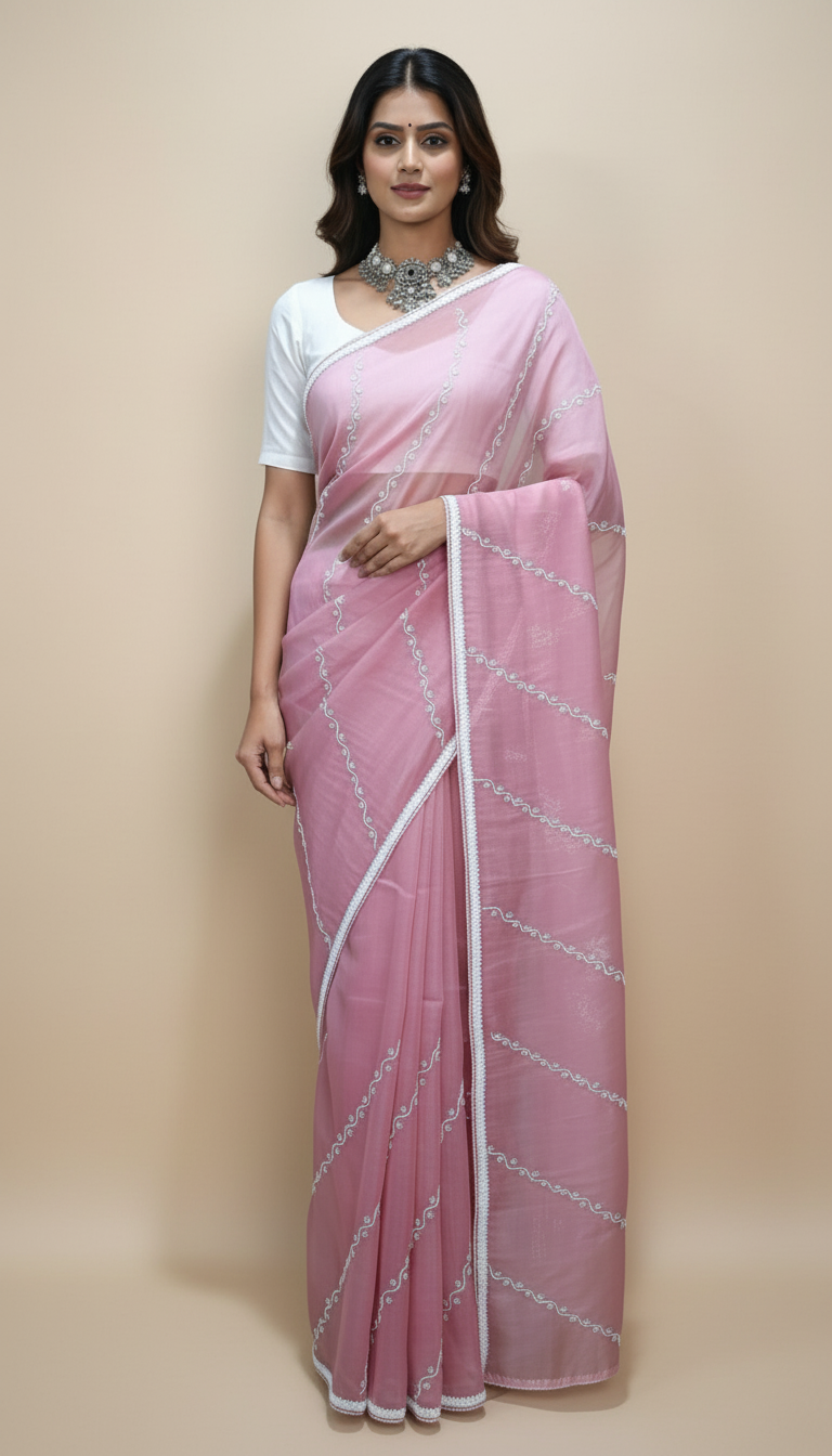 Baby Pink Designer Organza Saree