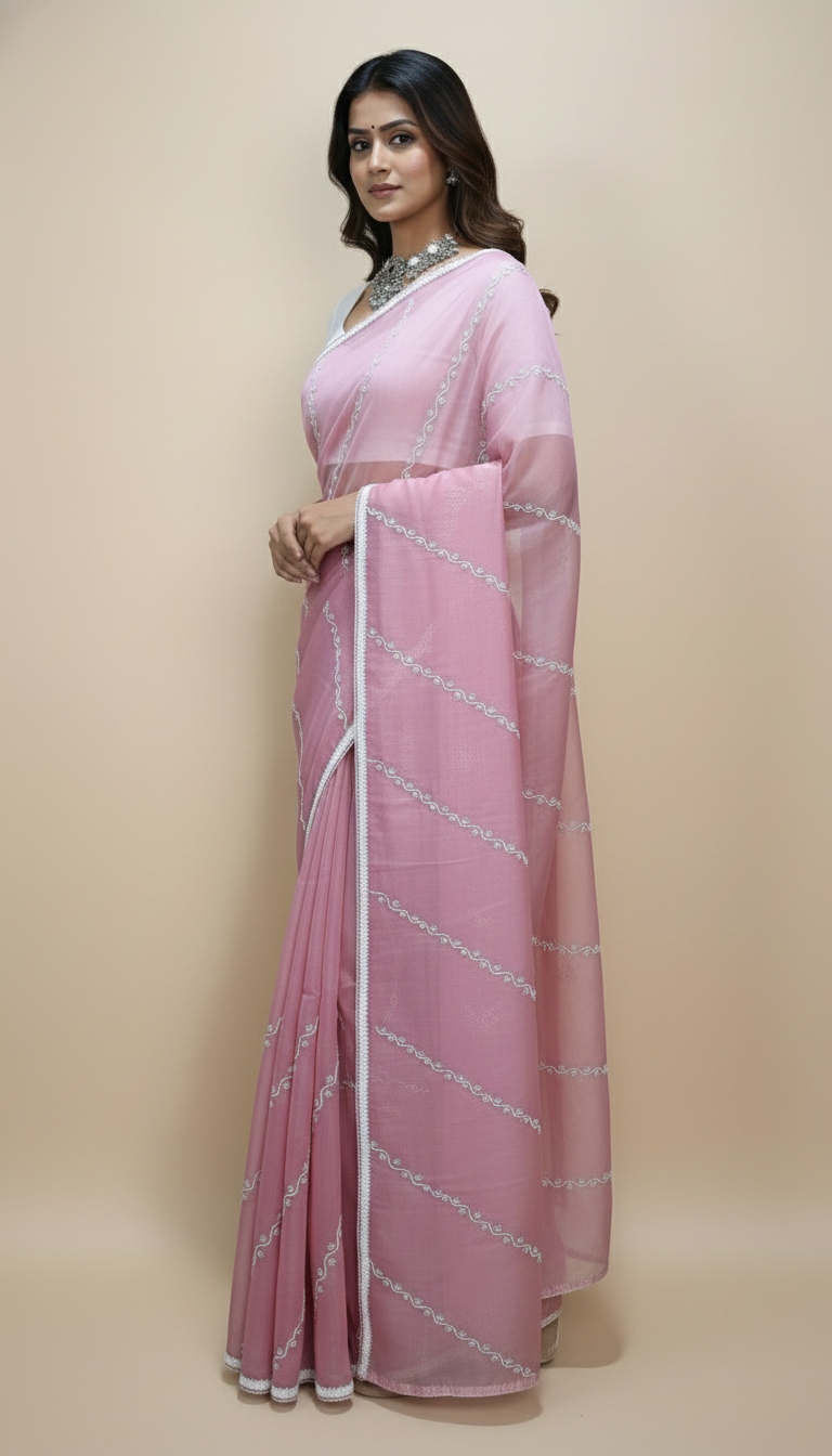Baby Pink Designer Organza Saree