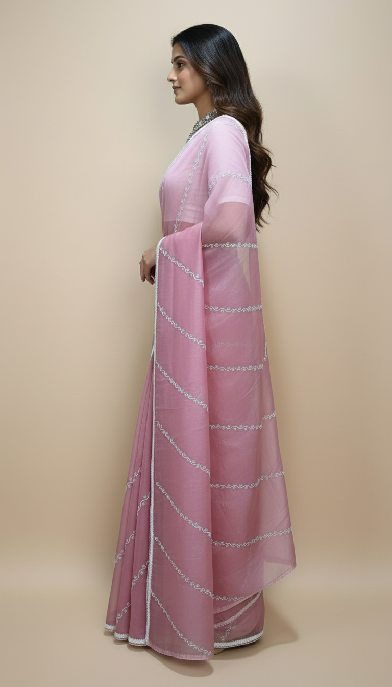 Baby Pink Designer Organza Saree