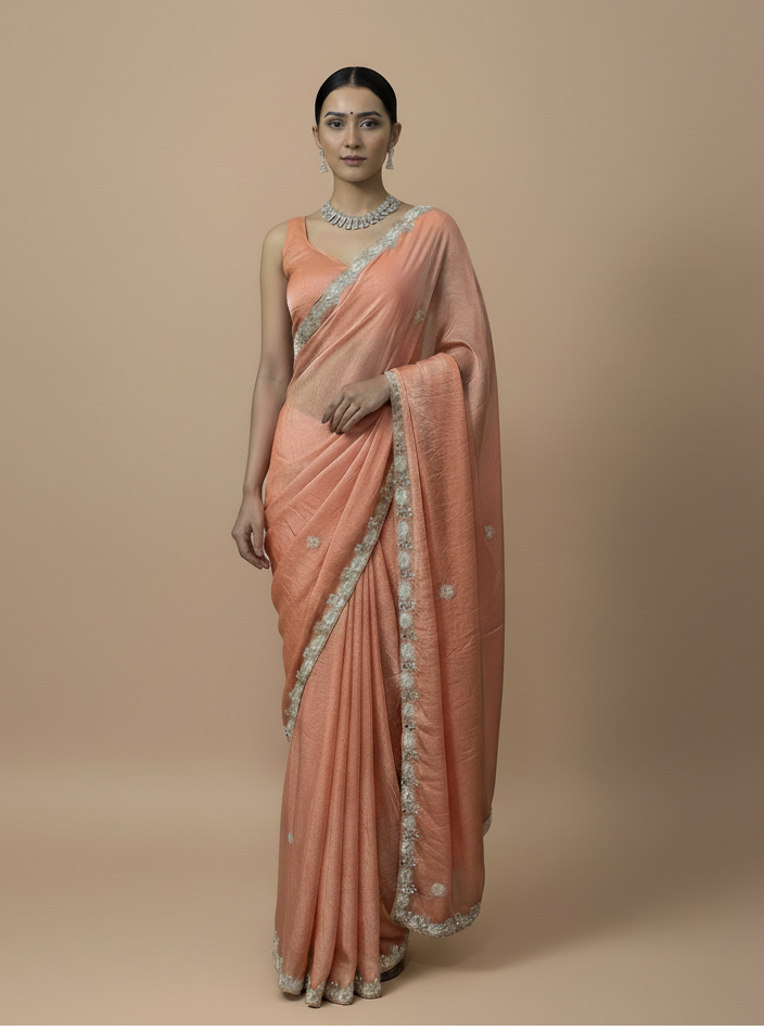 Designer Peach Saree with Handwork & Blouse Piece