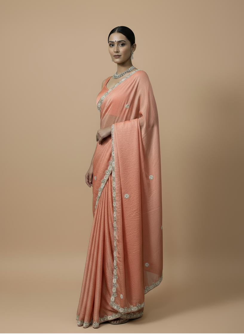 Designer Peach Saree with Handwork & Blouse Piece