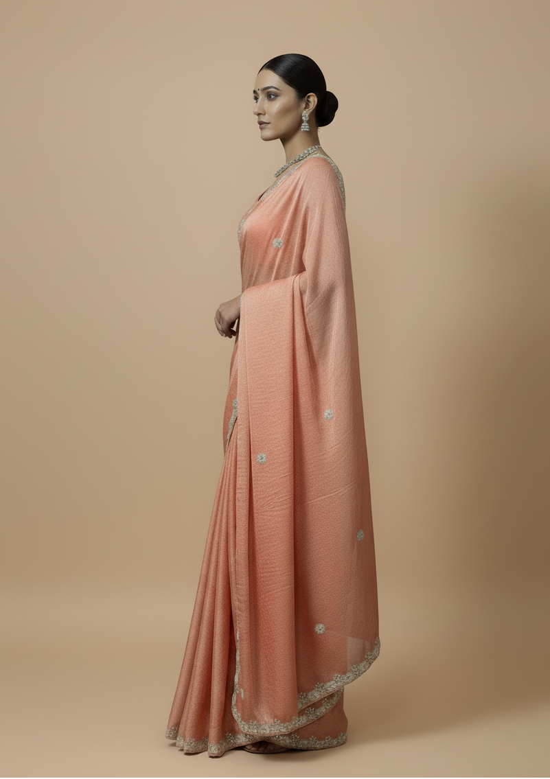 Designer Peach Saree with Handwork & Blouse Piece