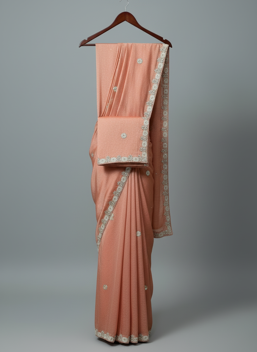Designer Peach Saree with Handwork & Blouse Piece