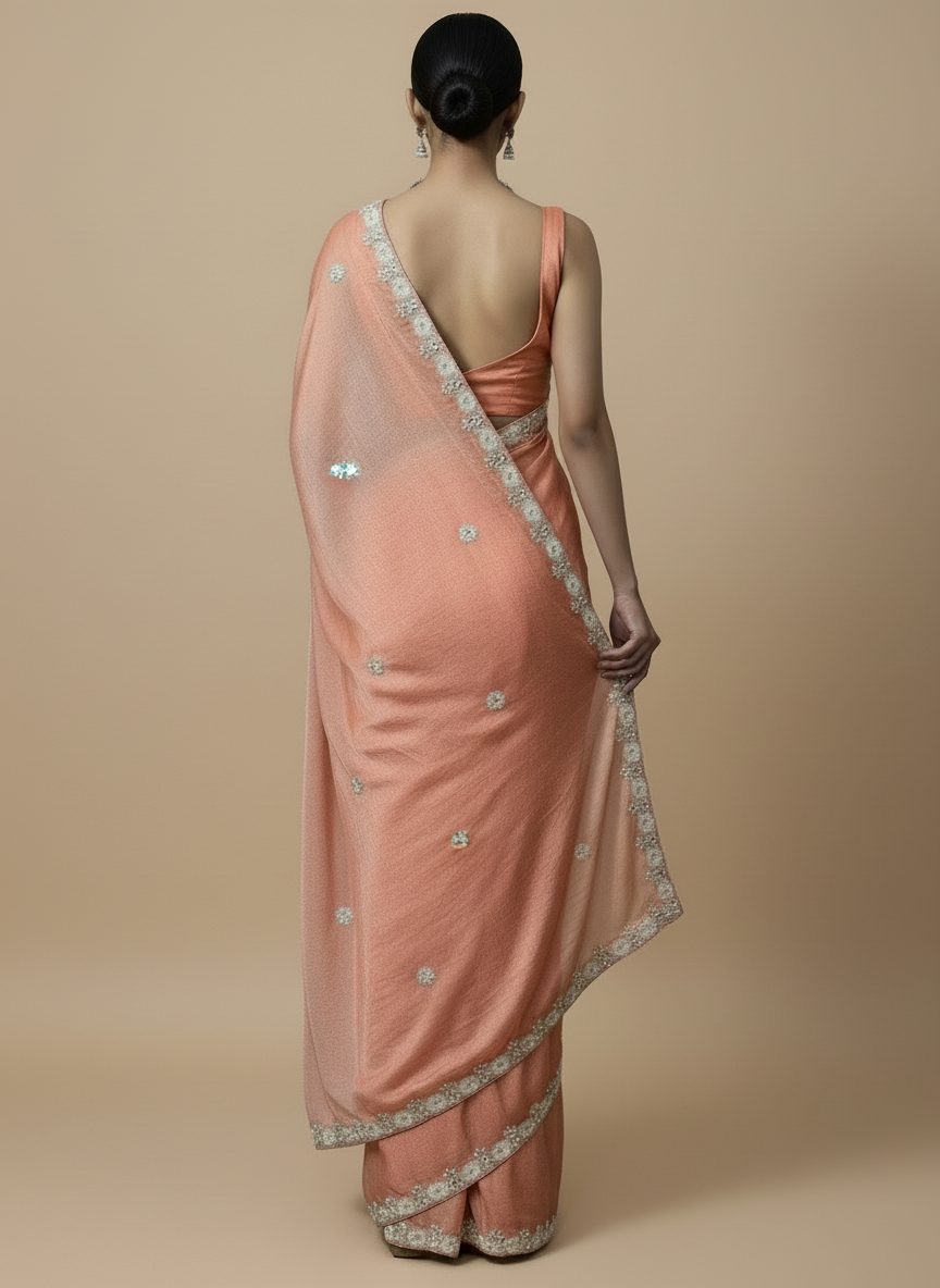 Designer Peach Saree with Handwork & Blouse Piece